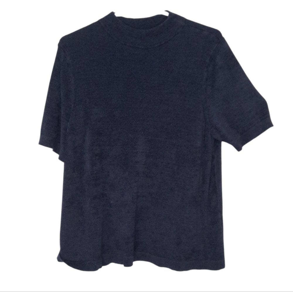 Loft Navy Funnel Neck Short Sleeve Terry Knit Sweater Stretchy Womens Size XL